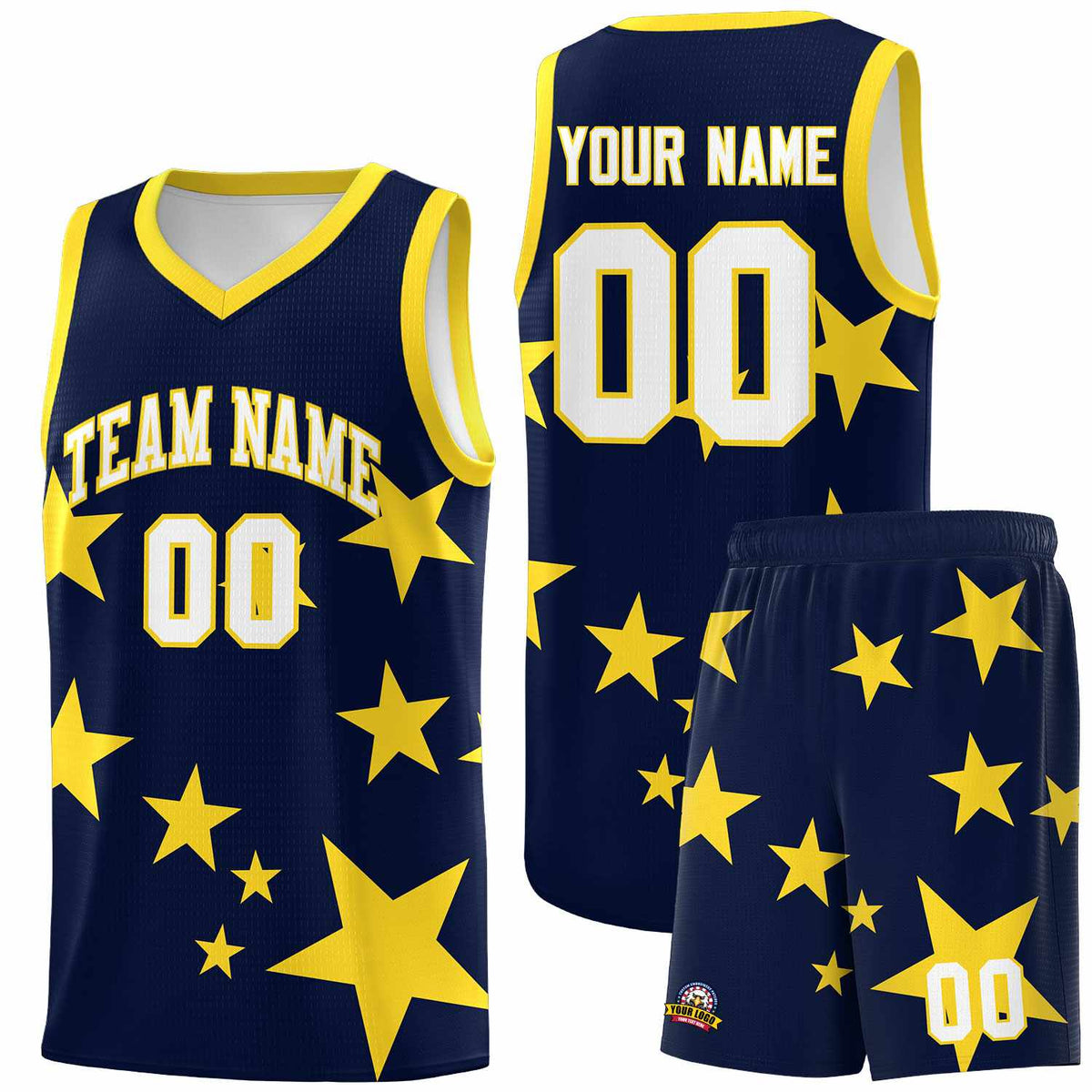 Custom Navy Gold Graffiti Pattern Star Print Basketball Jersey Kits|KXKSHOP