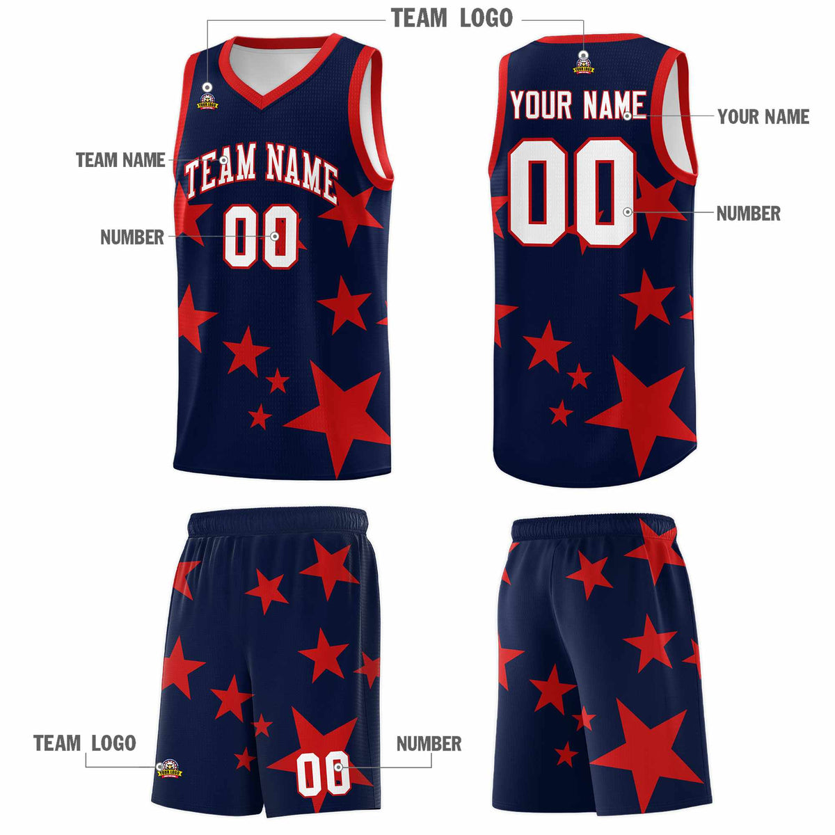 Custom Navy Red Graffiti Pattern Star Print Basketball Jersey Kits|KXKSHOP