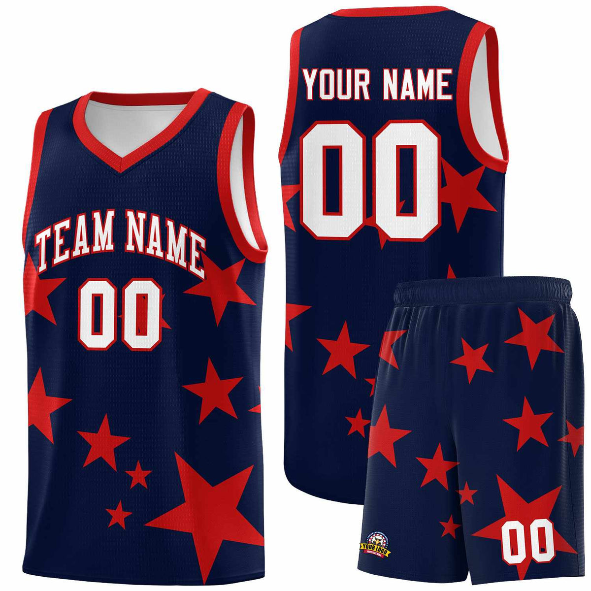 Custom Navy Red Graffiti Pattern Star Print Basketball Jersey Kits|KXKSHOP