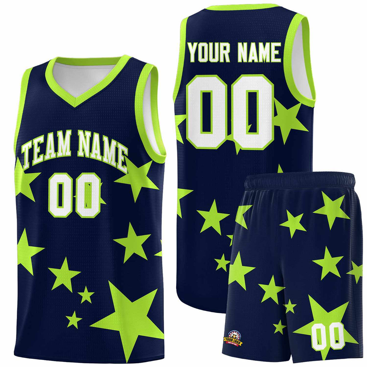 Custom Navy Light Green Graffiti Pattern Star Print Basketball Jersey Kits|KXKSHOP