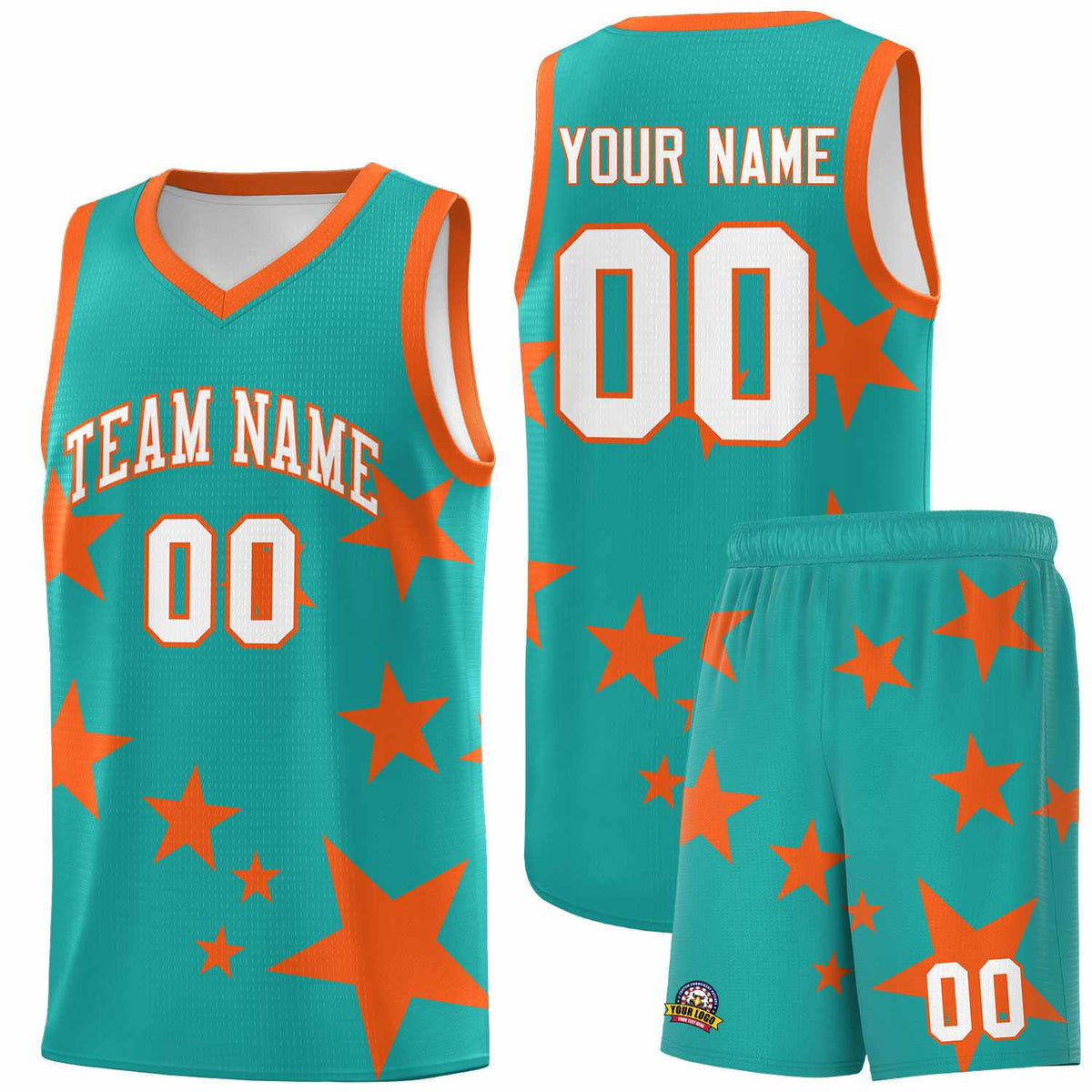 Custom Aqua Orange Graffiti Pattern Star Print Basketball Jersey Kits|KXKSHOP