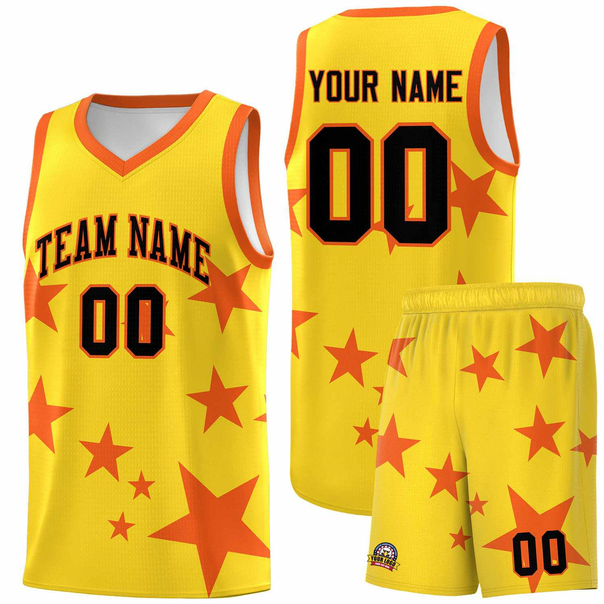 Custom Gold Orange Graffiti Pattern Star Print Basketball Jersey Kits|KXKSHOP