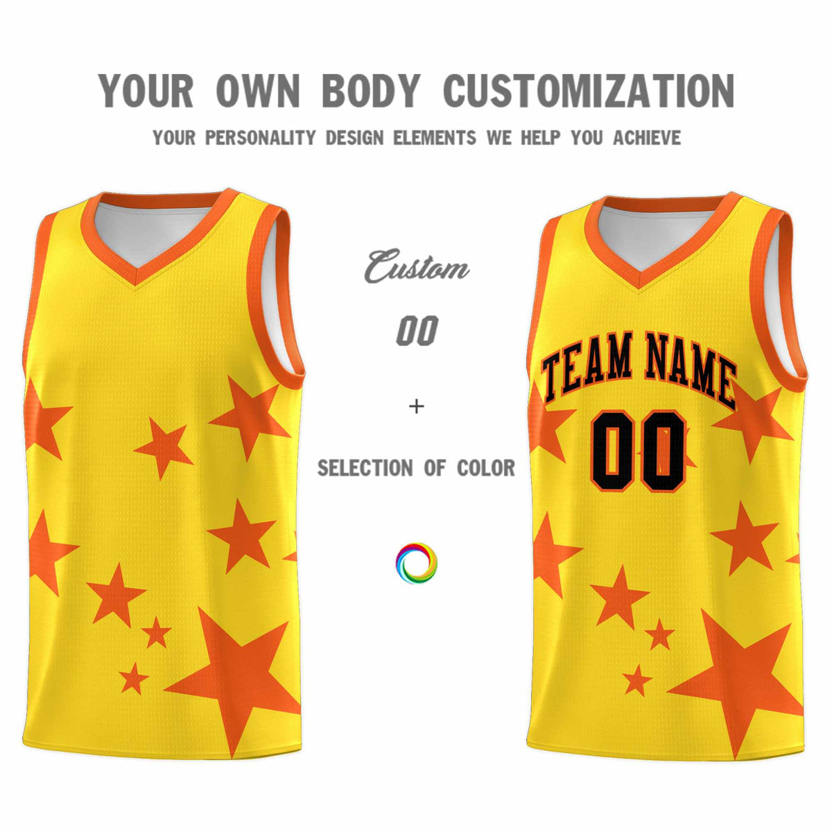 Custom Gold Orange Graffiti Pattern Star Print Basketball Jersey Kits|KXKSHOP
