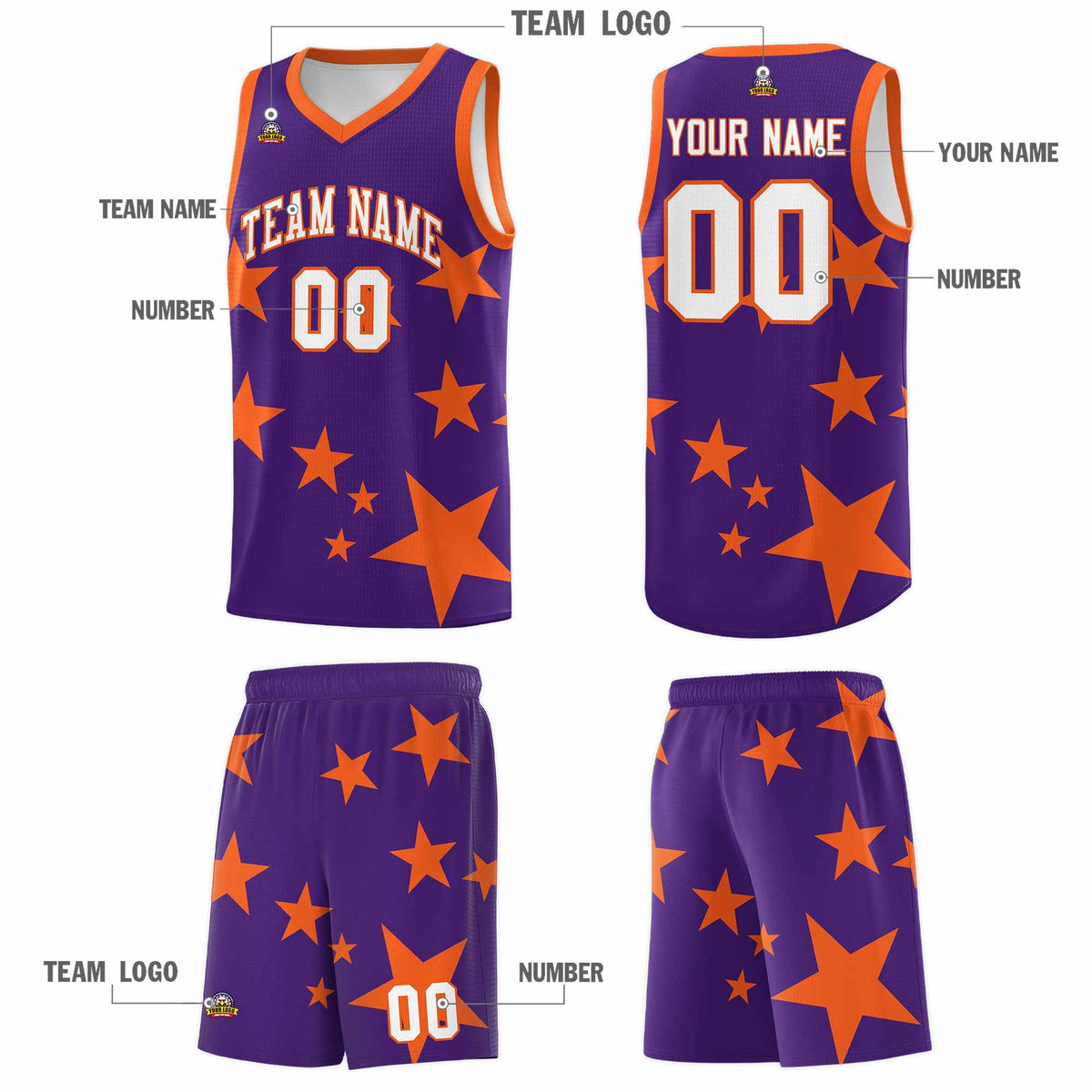 Custom Purple Orange Graffiti Pattern Star Print Basketball Jersey Kits|KXKSHOP