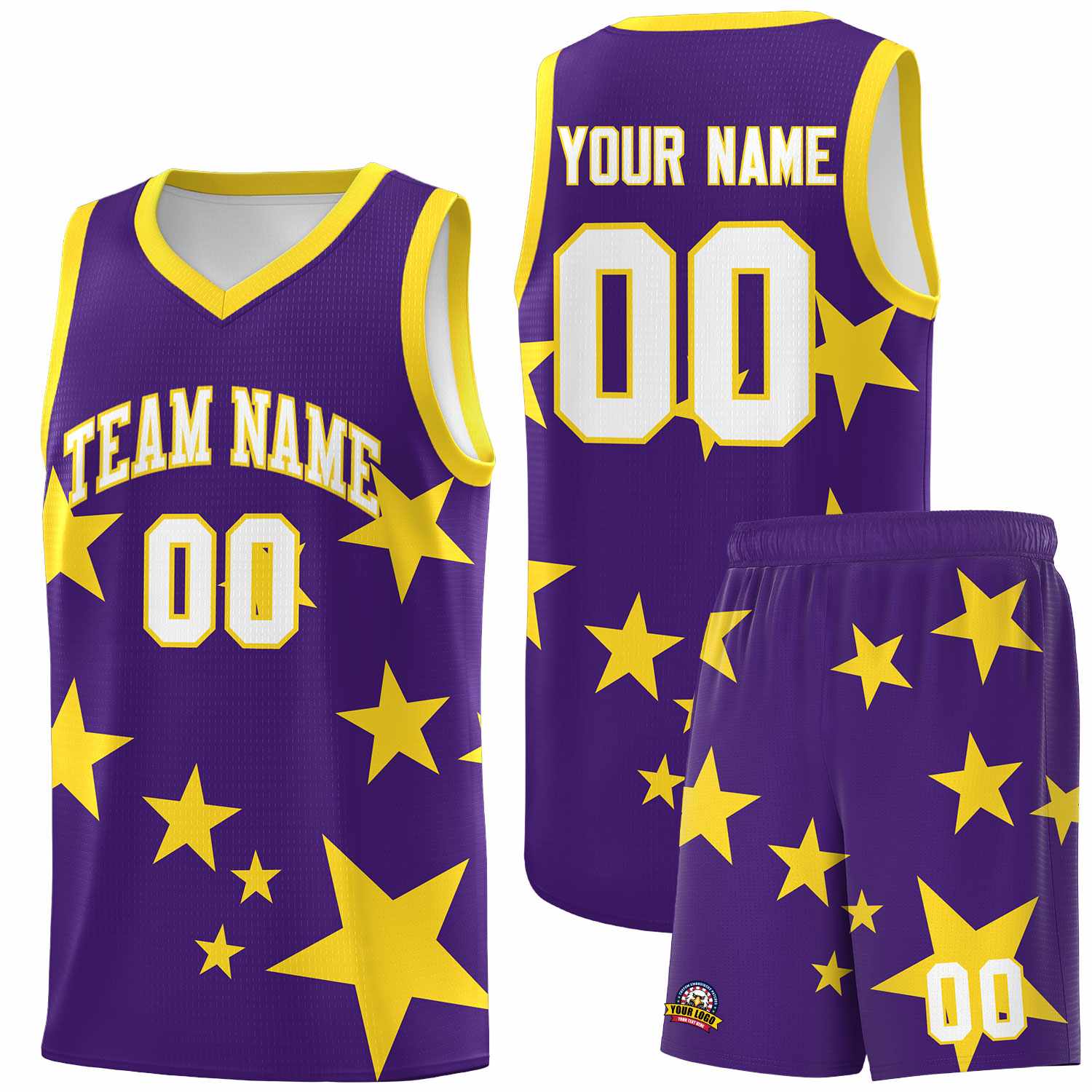 Custom Purple Gold Graffiti Pattern Star Print Basketball Jersey Kits|KXKSHOP