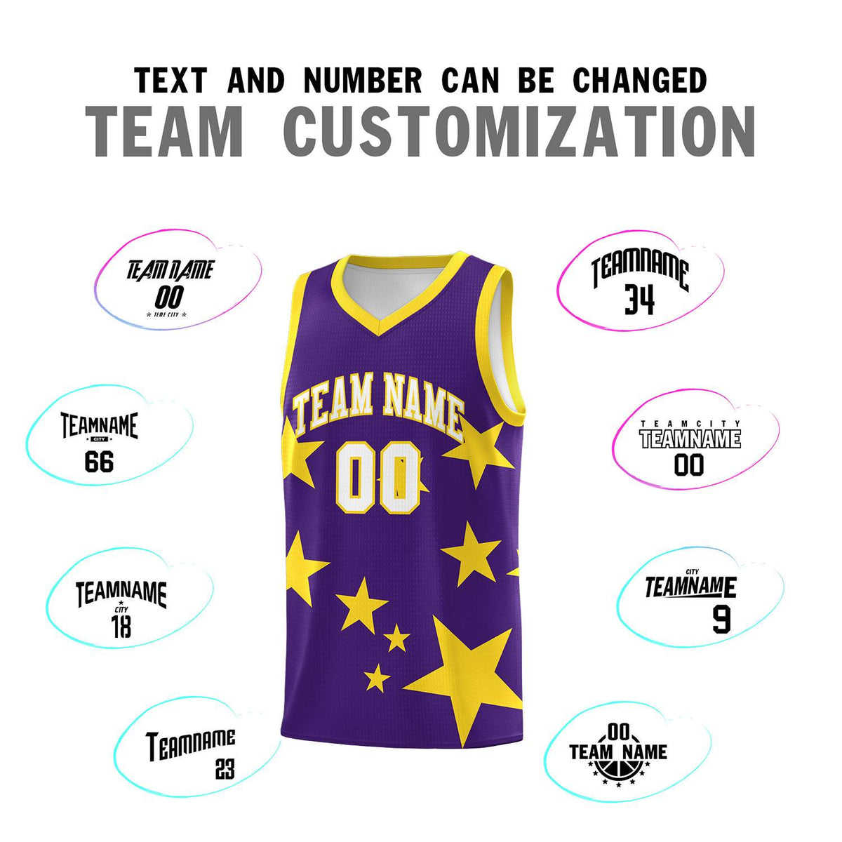 Custom Purple Gold Graffiti Pattern Star Print Basketball Jersey Kits|KXKSHOP