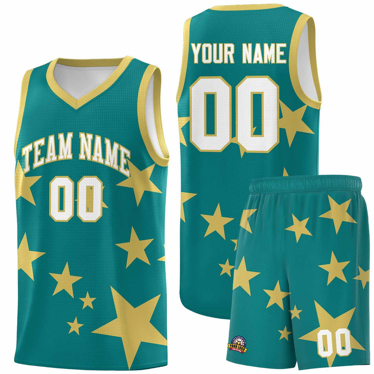 Custom Aqua Old Gold Graffiti Pattern Star Print Basketball Jersey Kits|KXKSHOP