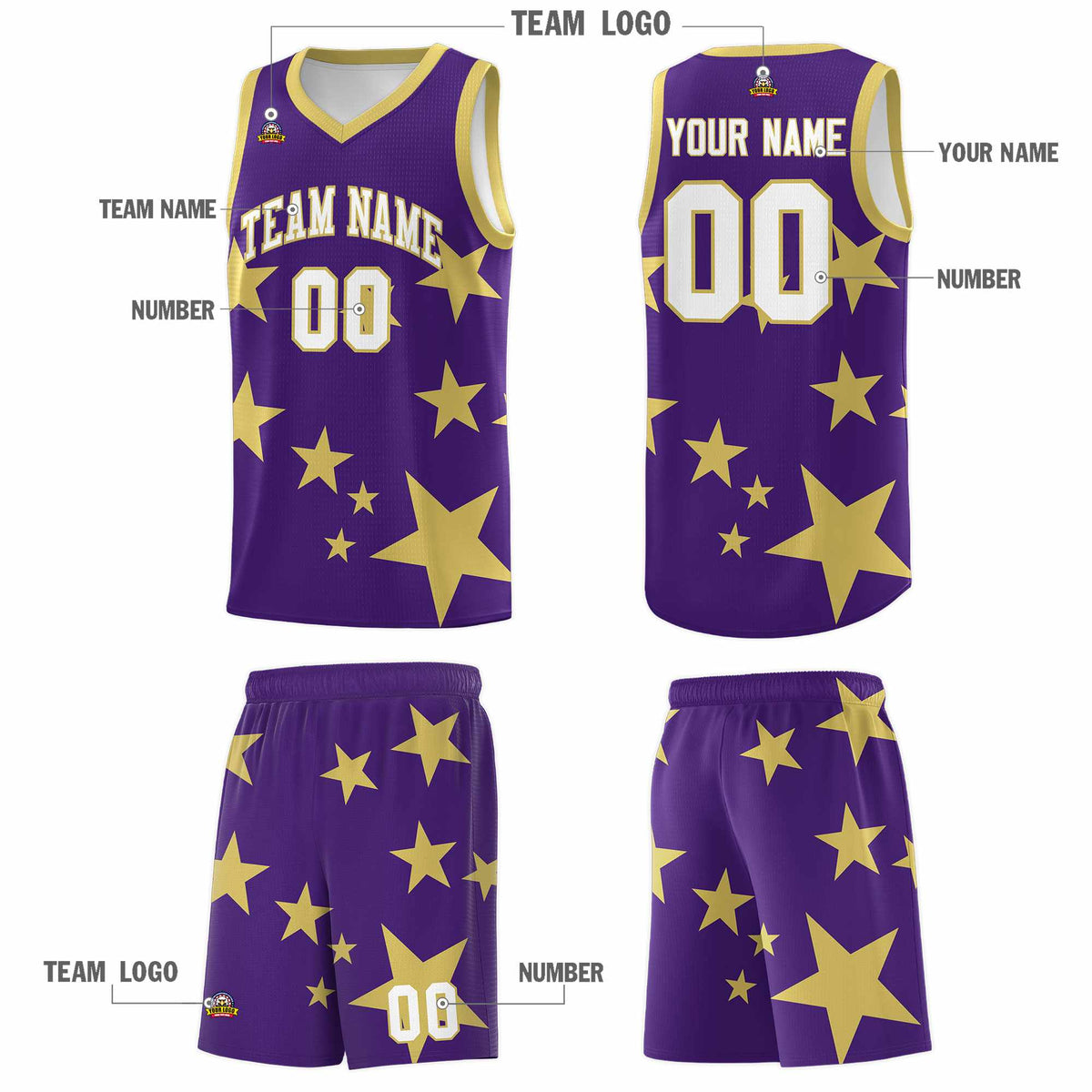 Custom Purple Old Gold Graffiti Pattern Star Print Basketball Jersey Kits|KXKSHOP
