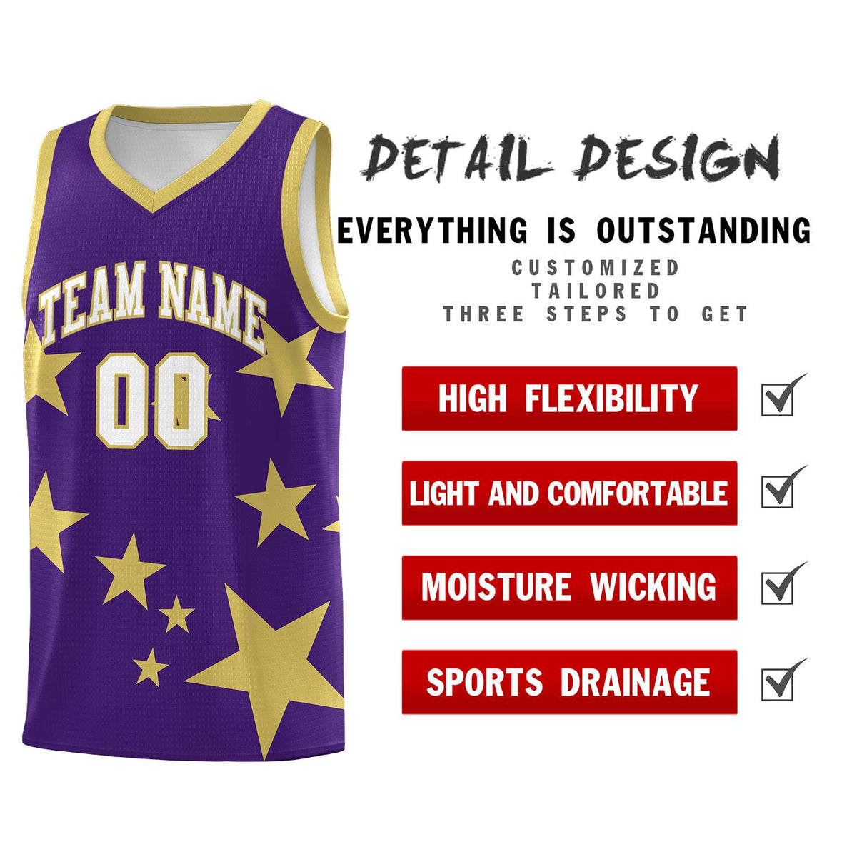 Custom Purple Old Gold Graffiti Pattern Star Print Basketball Jersey Kits|KXKSHOP