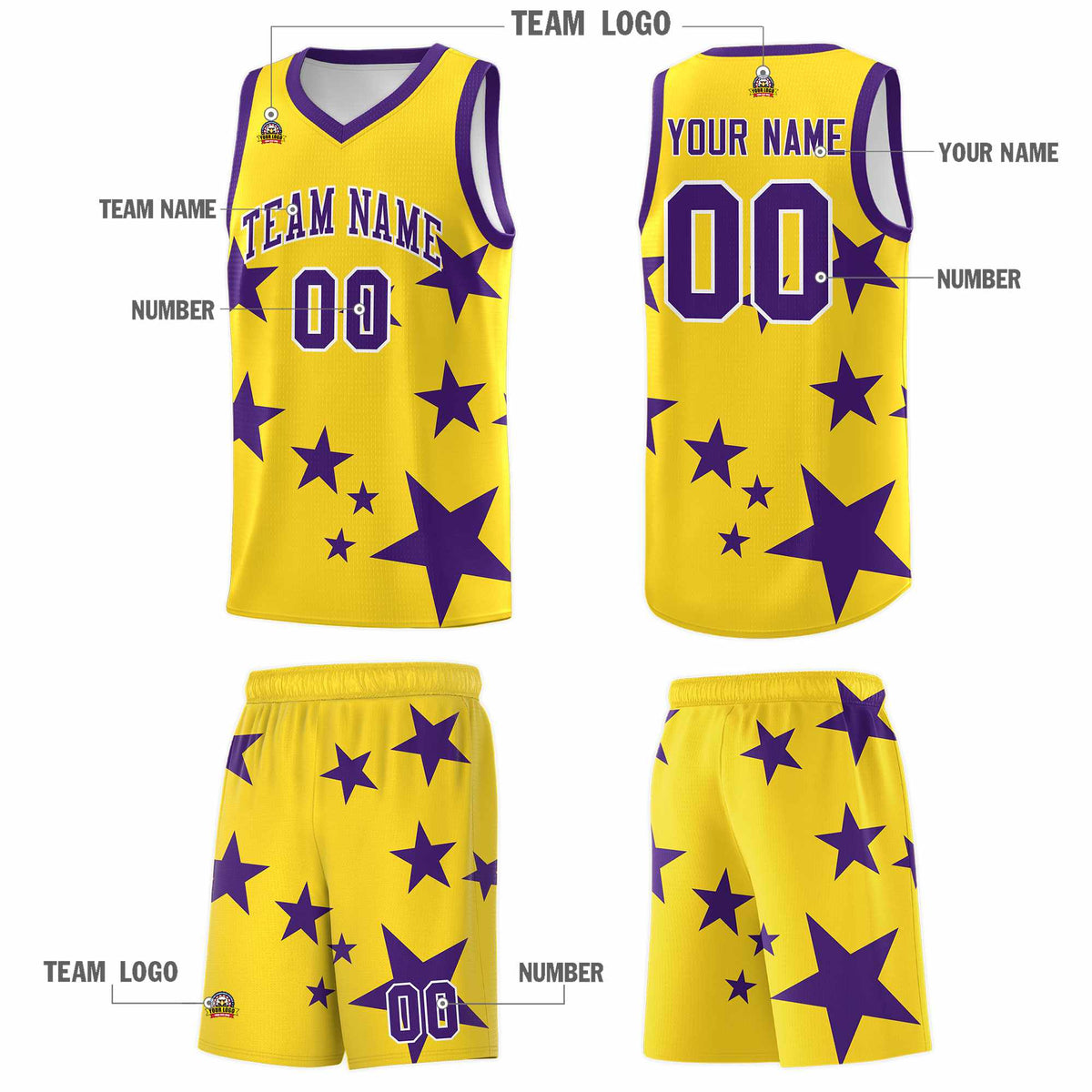 Custom Gold Purple Graffiti Pattern Star Print Basketball Jersey Kits|KXKSHOP