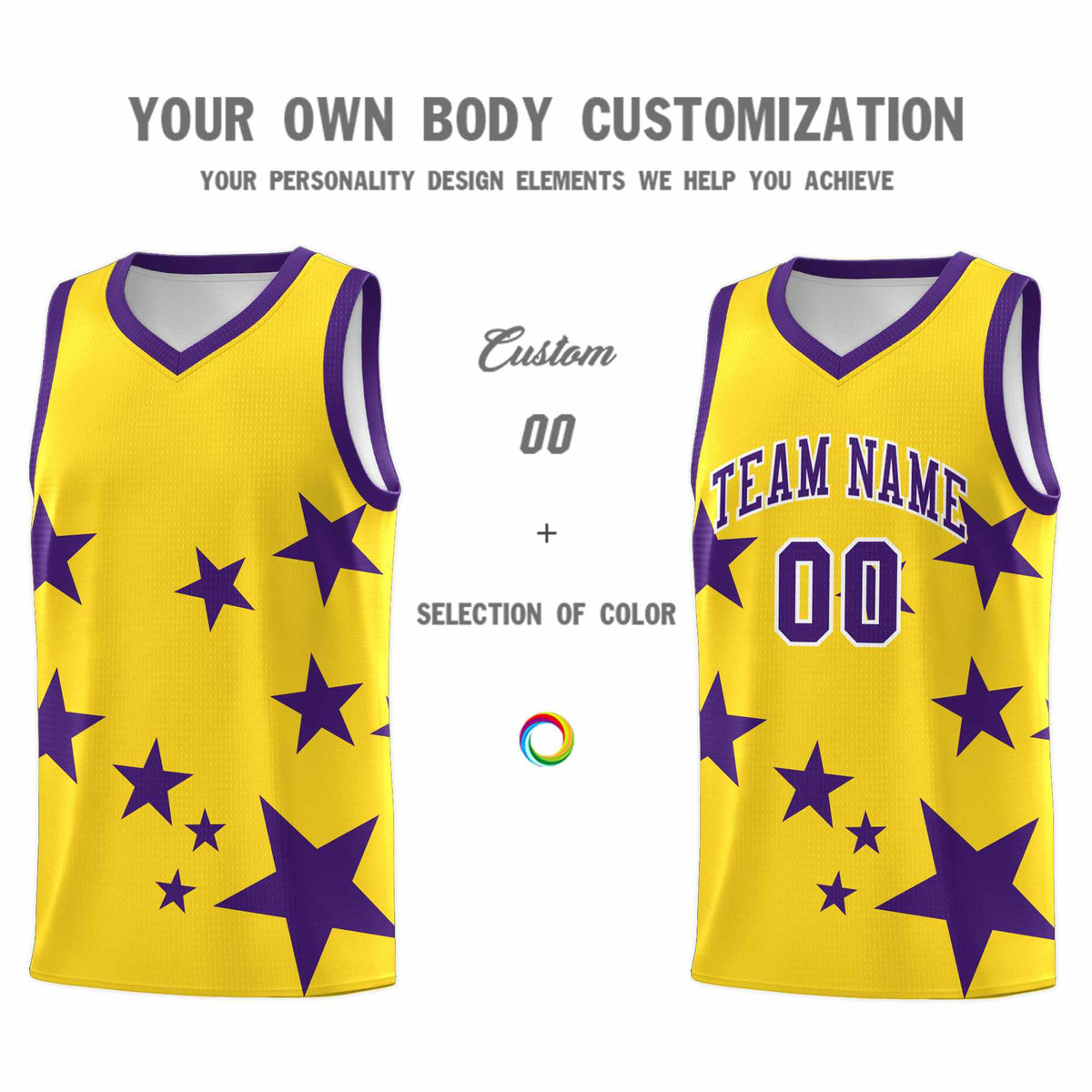 Custom Gold Purple Graffiti Pattern Star Print Basketball Jersey Kits|KXKSHOP