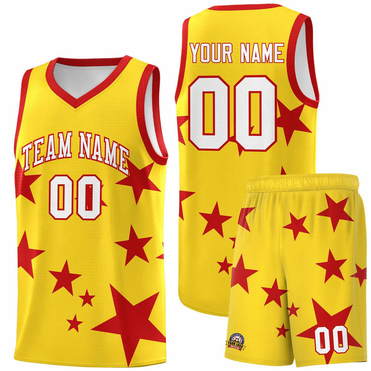 Custom Gold Red Graffiti Pattern Star Print Basketball Jersey Kits|KXKSHOP