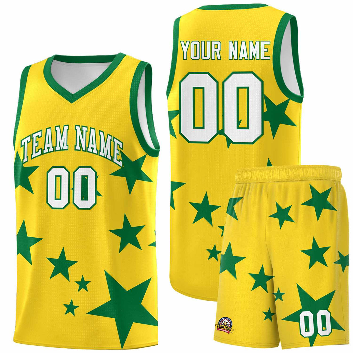 Custom Gold Kelly Green Graffiti Pattern Star Print Basketball Jersey Kits|KXKSHOP