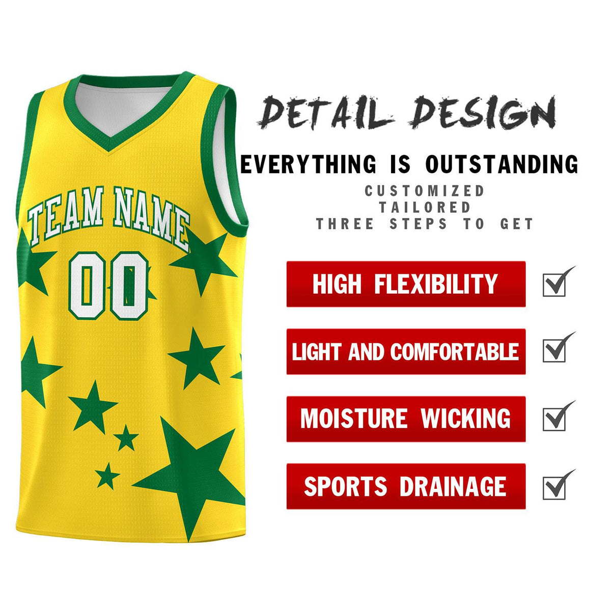 Custom Gold Kelly Green Graffiti Pattern Star Print Basketball Jersey Kits|KXKSHOP