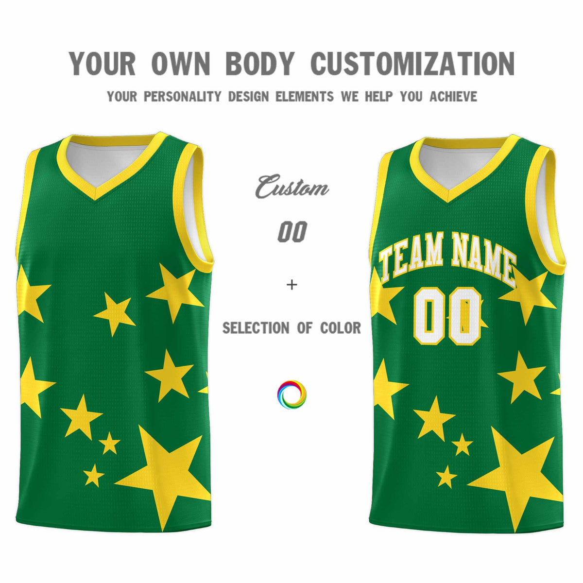 Custom Kelly Green Gold Graffiti Pattern Star Print Basketball Jersey Kits|KXKSHOP