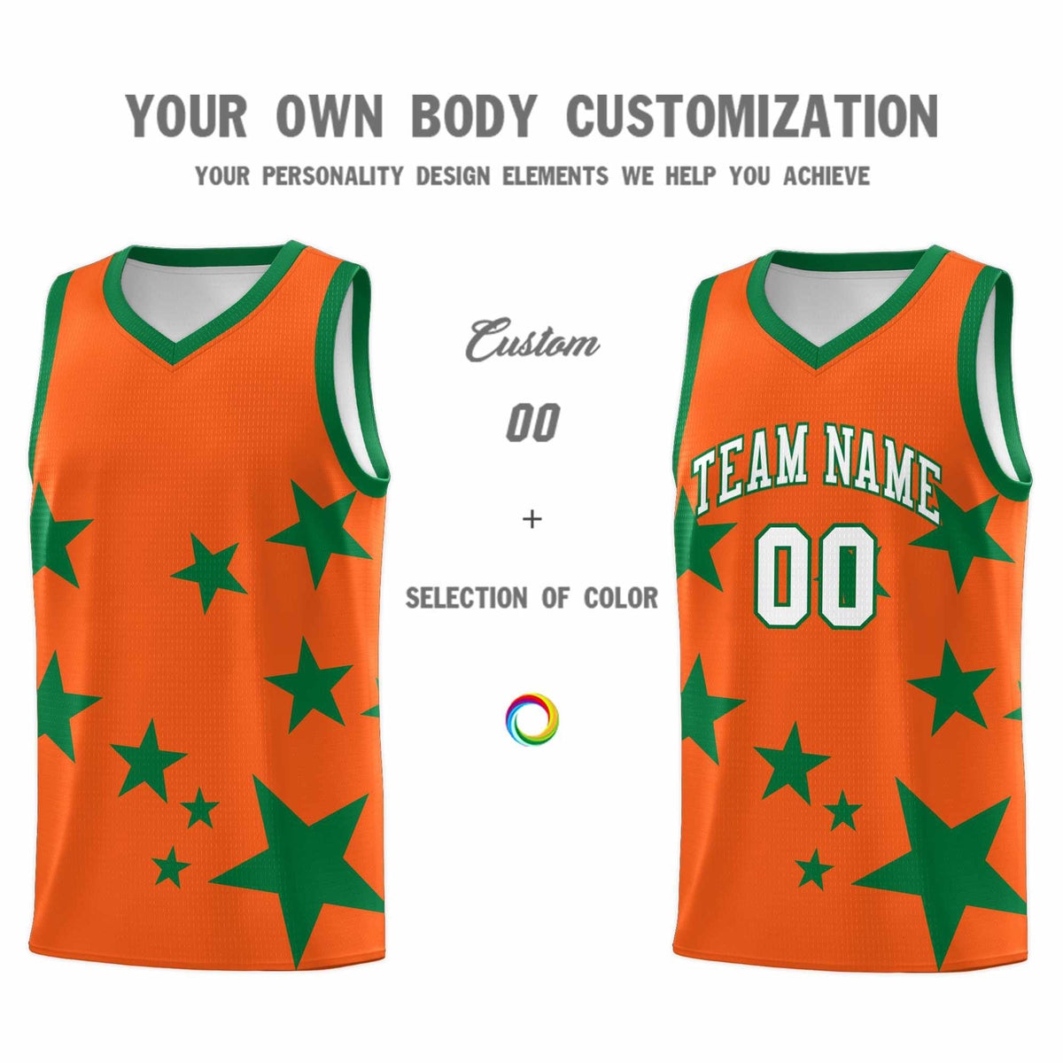 Custom Orange Kelly Green Graffiti Pattern Star Print Basketball Jersey Kits|KXKSHOP