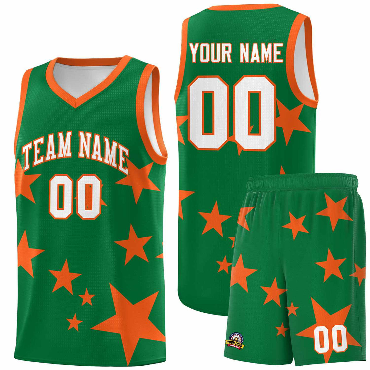 Custom Kelly Green Orange Graffiti Pattern Star Print Basketball Jersey Kits|KXKSHOP