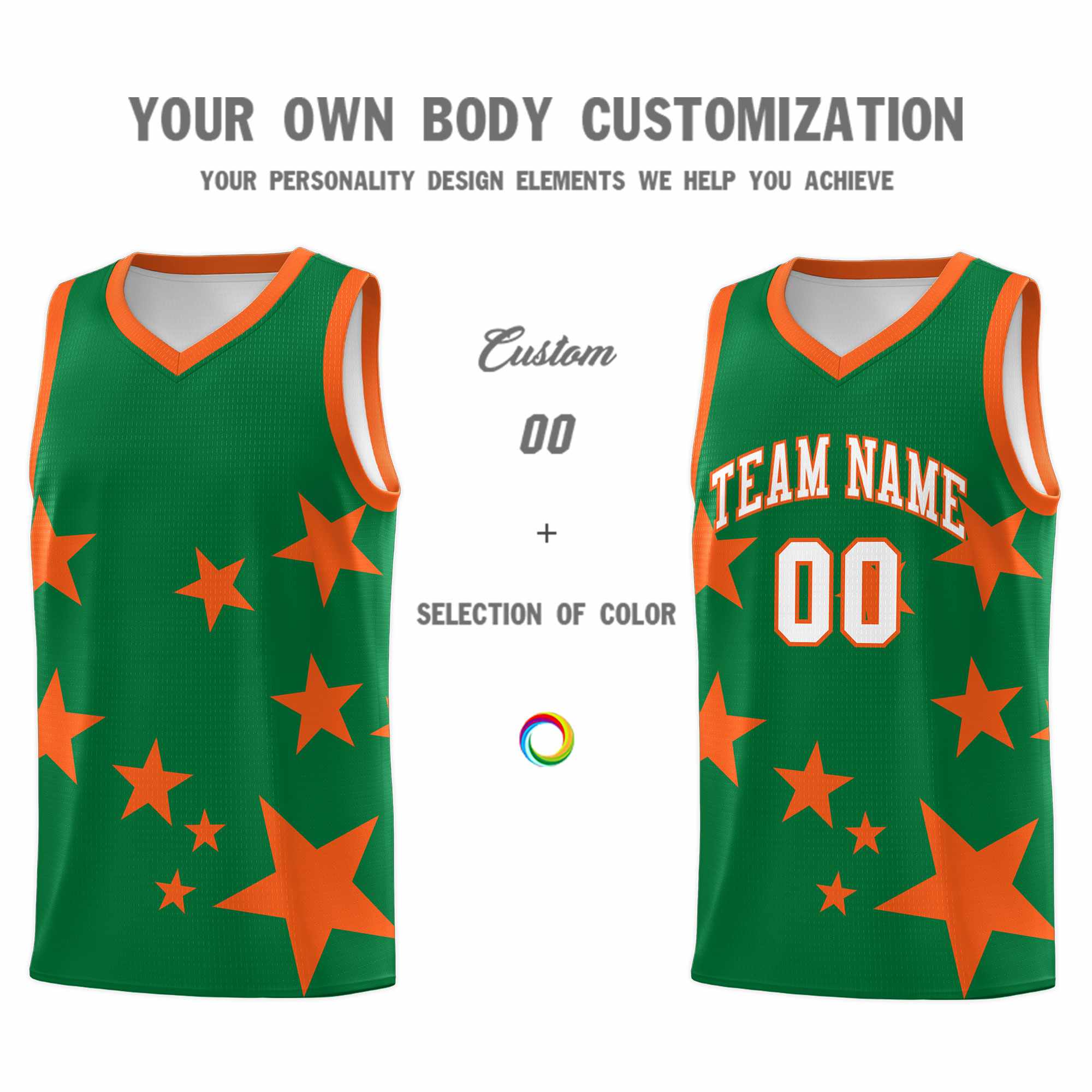 Custom Kelly Green Orange Graffiti Pattern Star Print Basketball Jersey Kits|KXKSHOP