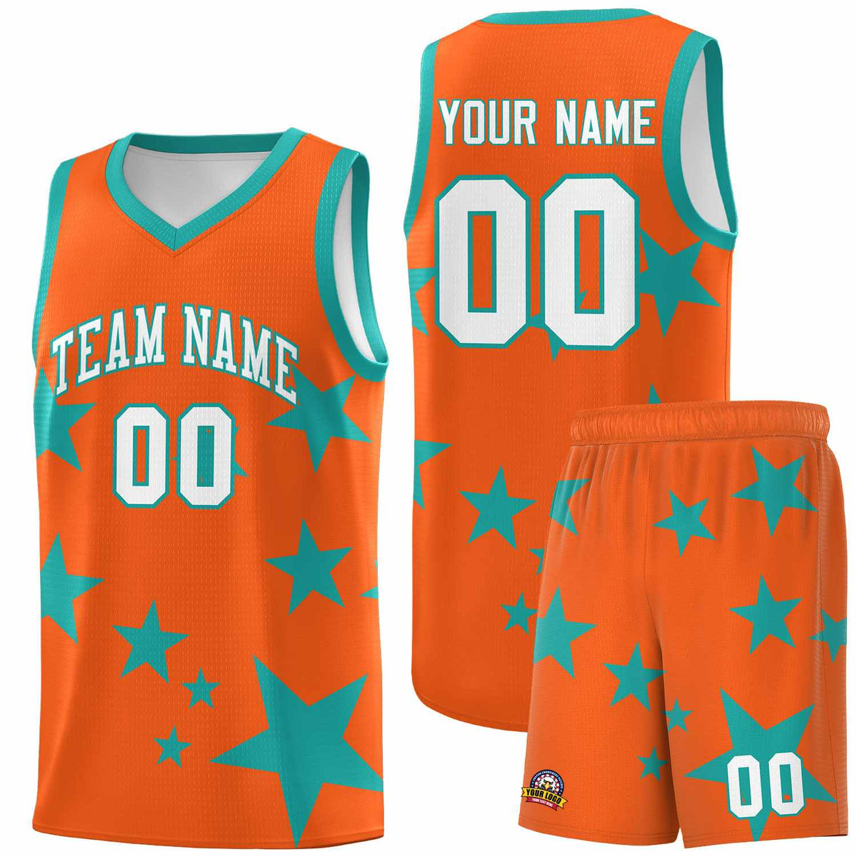 Custom Orange Aqua Graffiti Pattern Star Print Basketball Jersey Kits|KXKSHOP