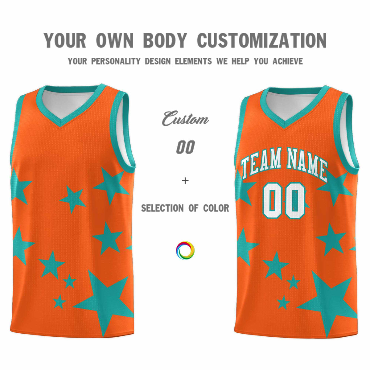 Custom Orange Aqua Graffiti Pattern Star Print Basketball Jersey Kits|KXKSHOP