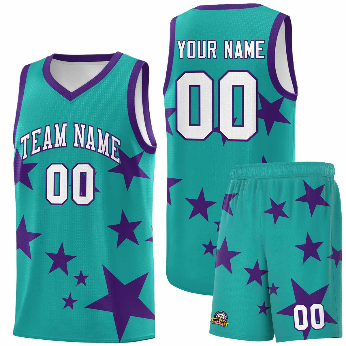 Custom Aqua Purple Graffiti Pattern Star Print Basketball Jersey Kits|KXKSHOP