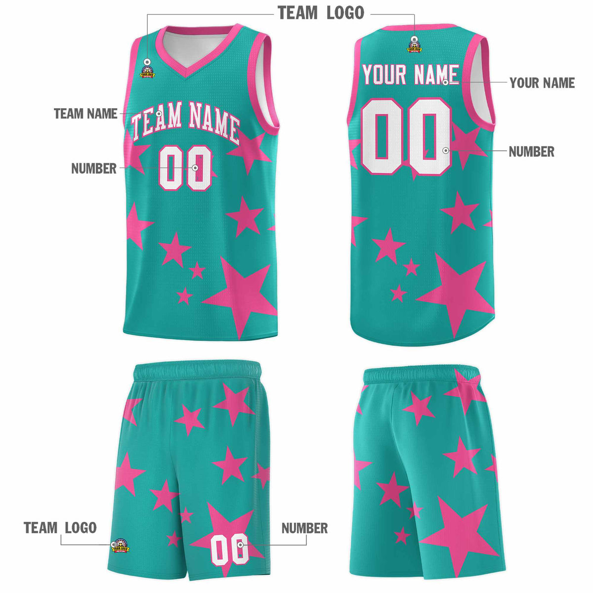 Custom Aqua Pink Graffiti Pattern Star Print Basketball Jersey Kits|KXKSHOP