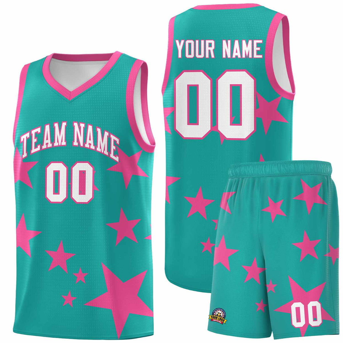 Custom Aqua Pink Graffiti Pattern Star Print Basketball Jersey Kits|KXKSHOP
