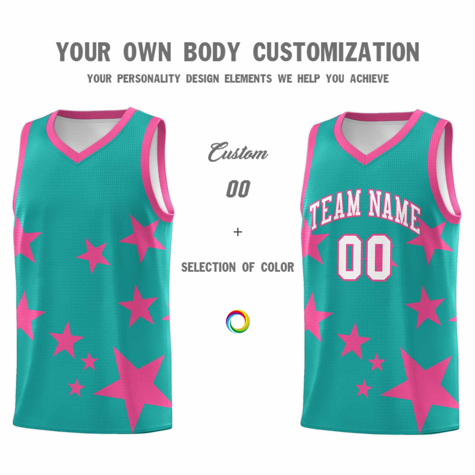 Custom Aqua Pink Graffiti Pattern Star Print Basketball Jersey Kits|KXKSHOP