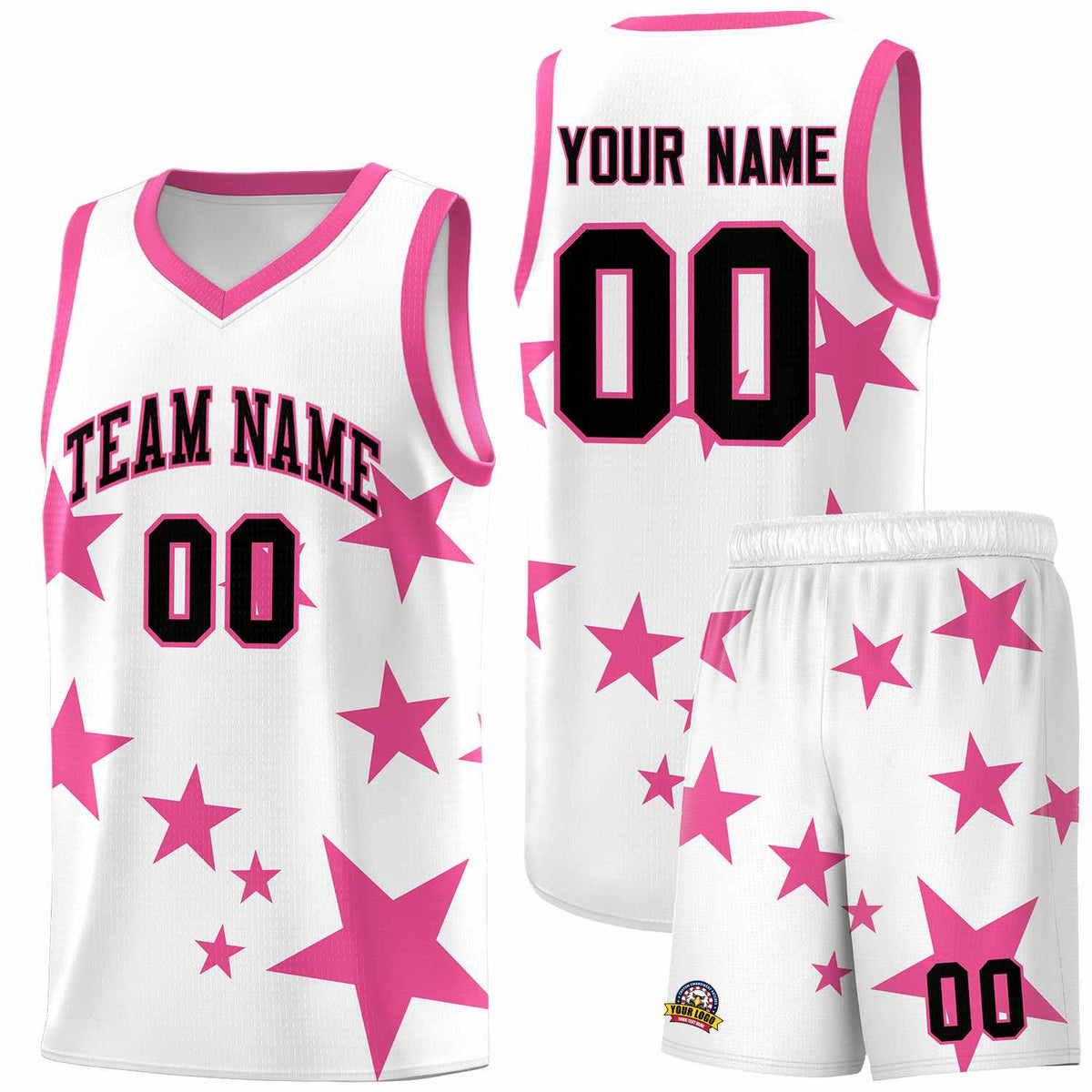 Custom White Pink Graffiti Pattern Star Print Basketball Jersey Kits|KXKSHOP
