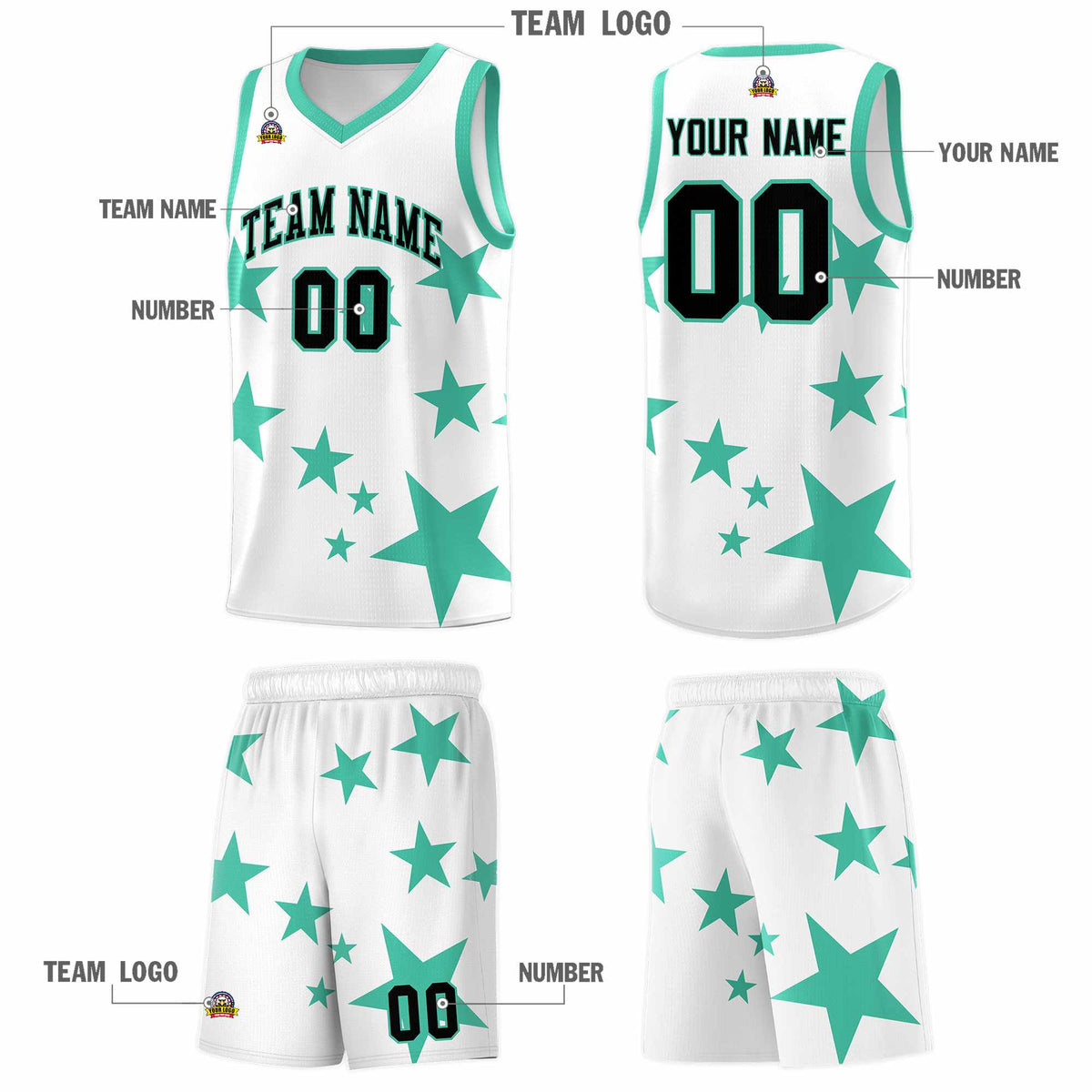 Custom White Bright Green Graffiti Pattern Star Print Basketball Jersey Kits|KXKSHOP