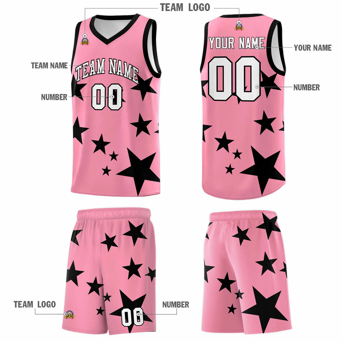 Custom Light Pink Black Graffiti Pattern Star Print Basketball Jersey Kits|KXKSHOP