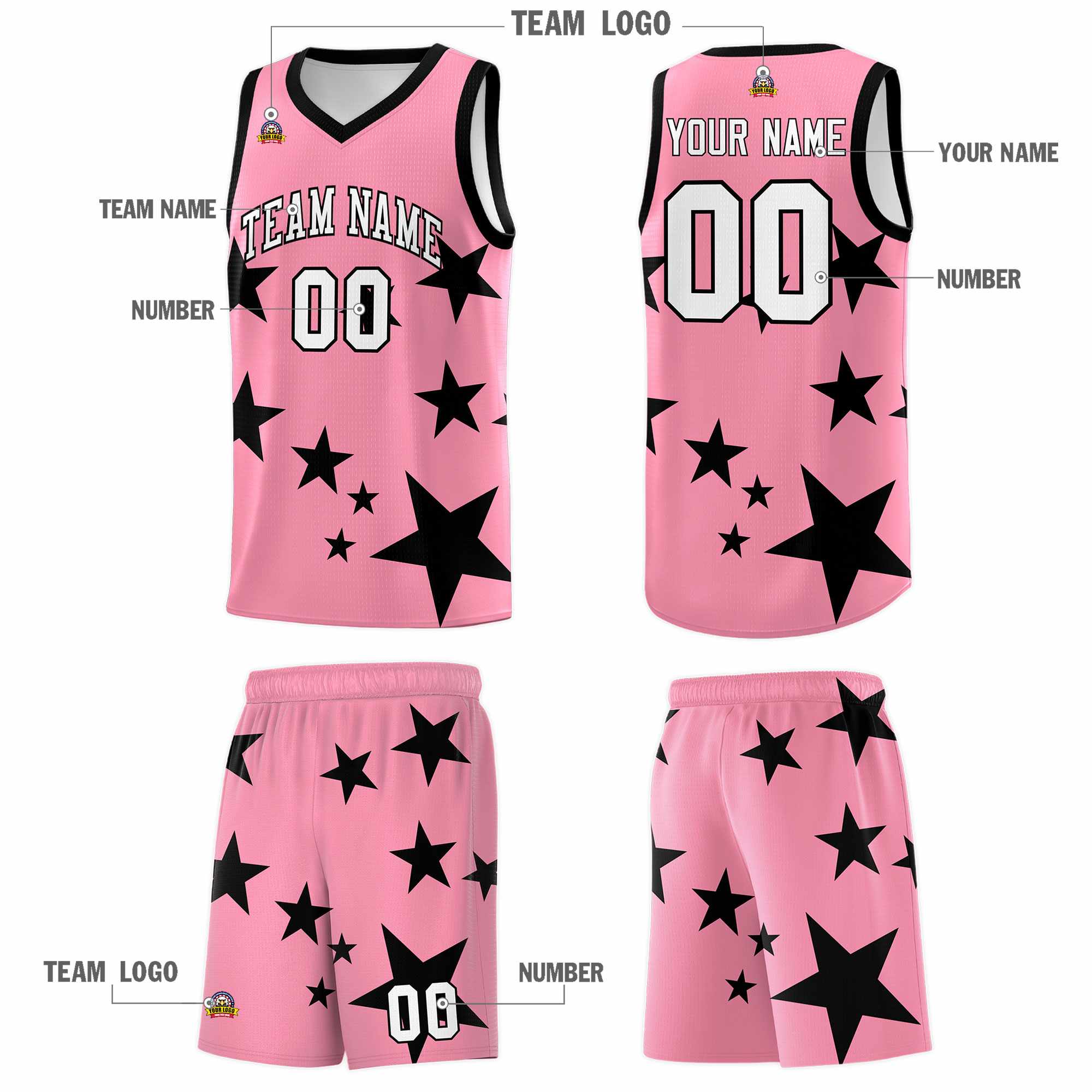 Custom Light Pink Black Graffiti Pattern Star Print Basketball Jersey Kits|KXKSHOP
