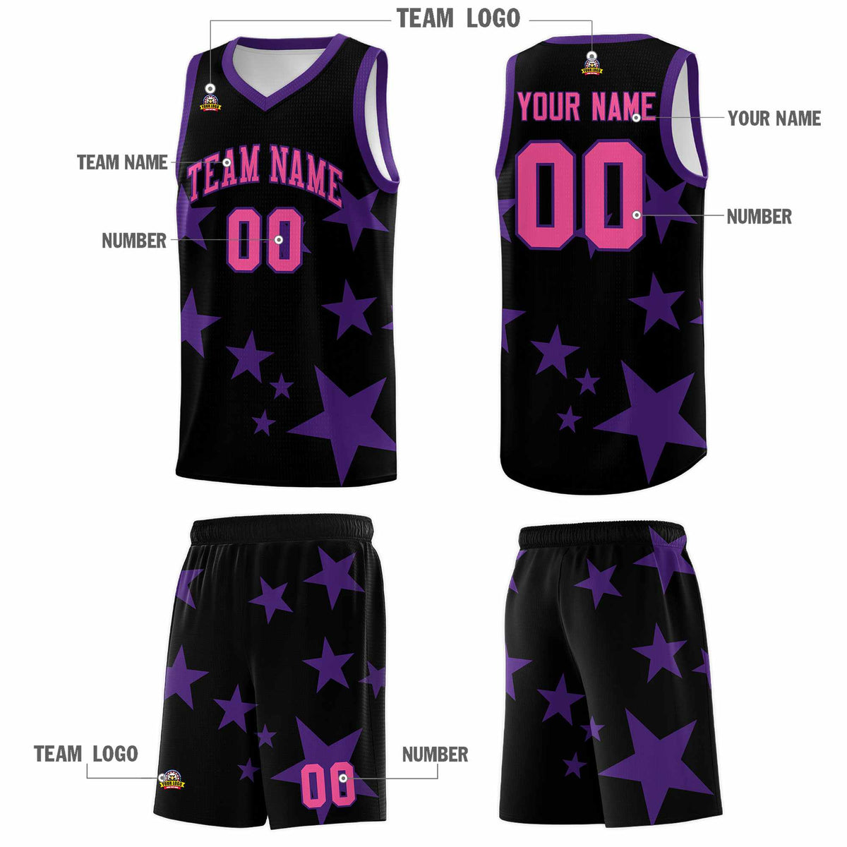 Custom Black Purple Graffiti Pattern Star Print Basketball Jersey Kits|KXKSHOP
