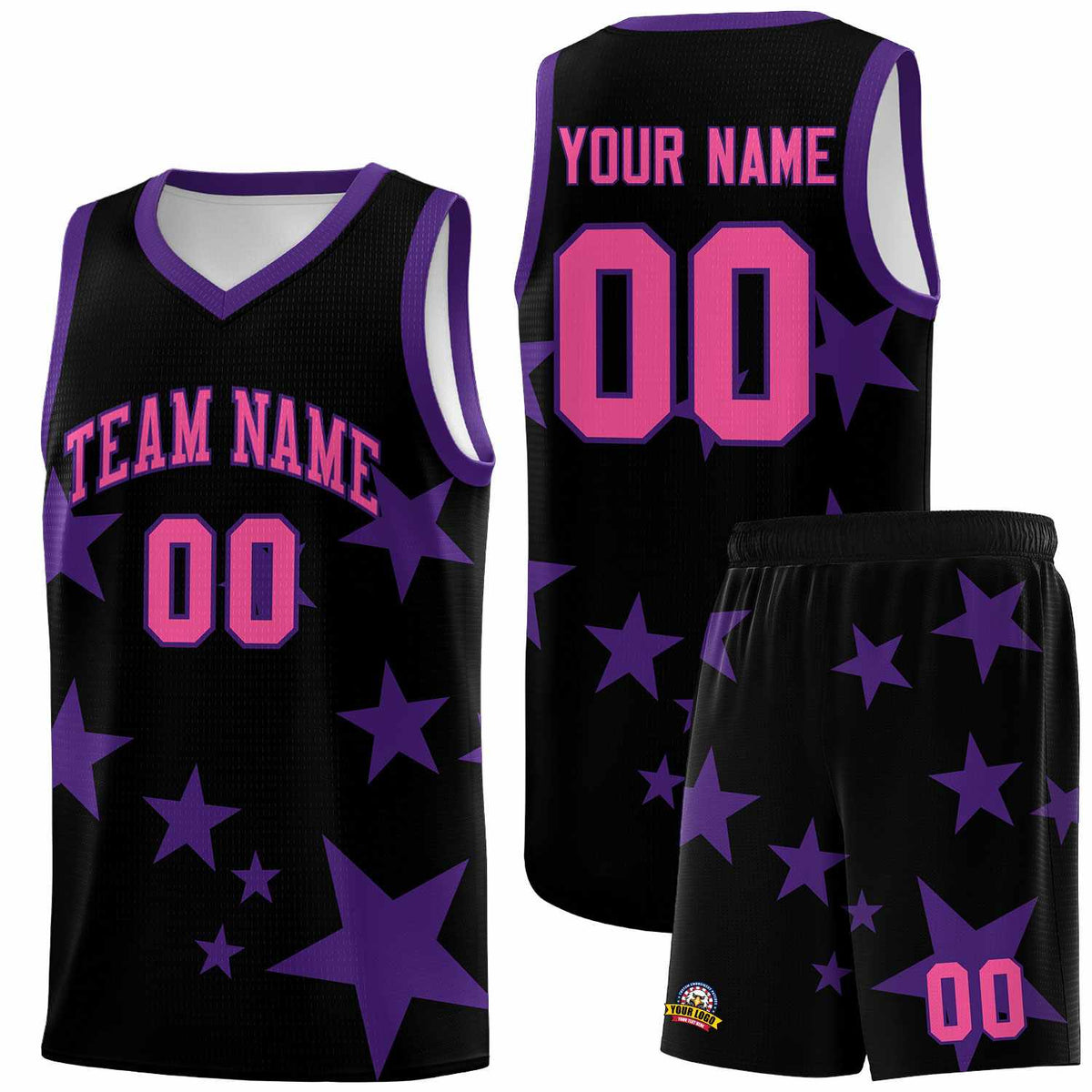 Custom Black Purple Graffiti Pattern Star Print Basketball Jersey Kits|KXKSHOP