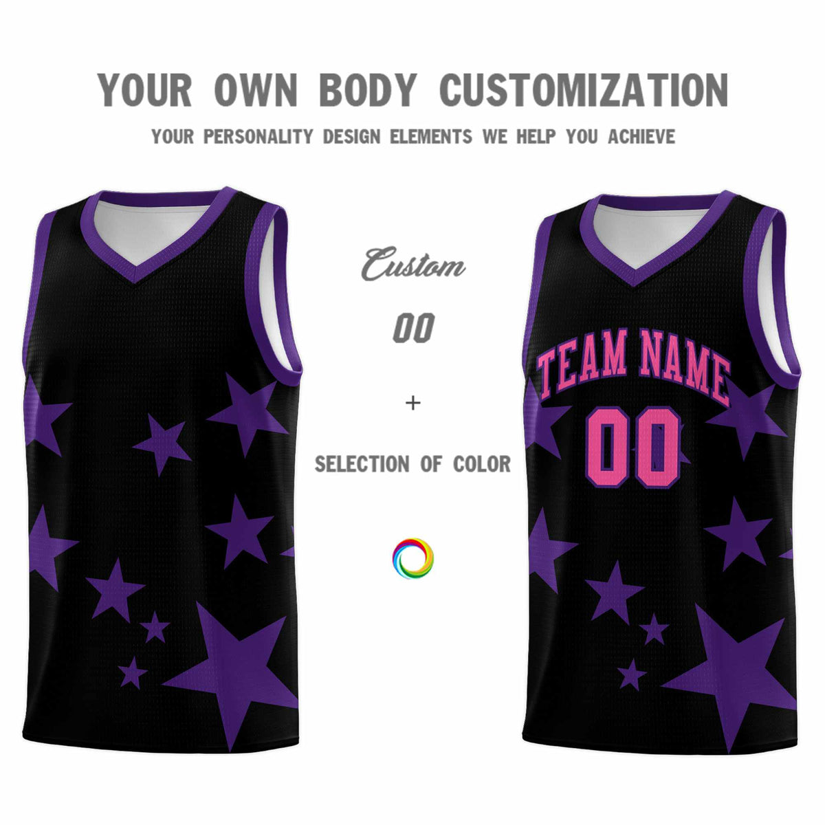 Custom Black Purple Graffiti Pattern Star Print Basketball Jersey Kits|KXKSHOP