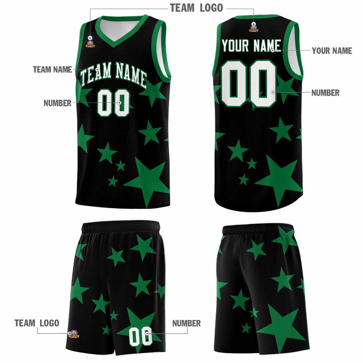 Custom Black Kelly Green Graffiti Pattern Star Print Basketball Jersey Kits|KXKSHOP