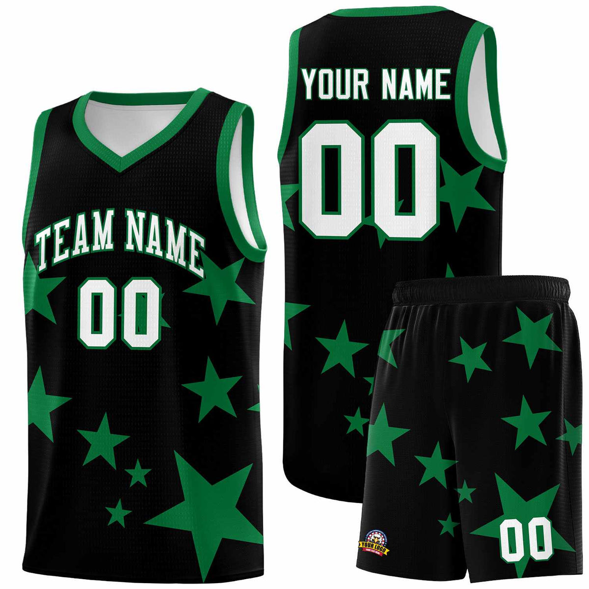 Custom Black Kelly Green Graffiti Pattern Star Print Basketball Jersey Kits|KXKSHOP