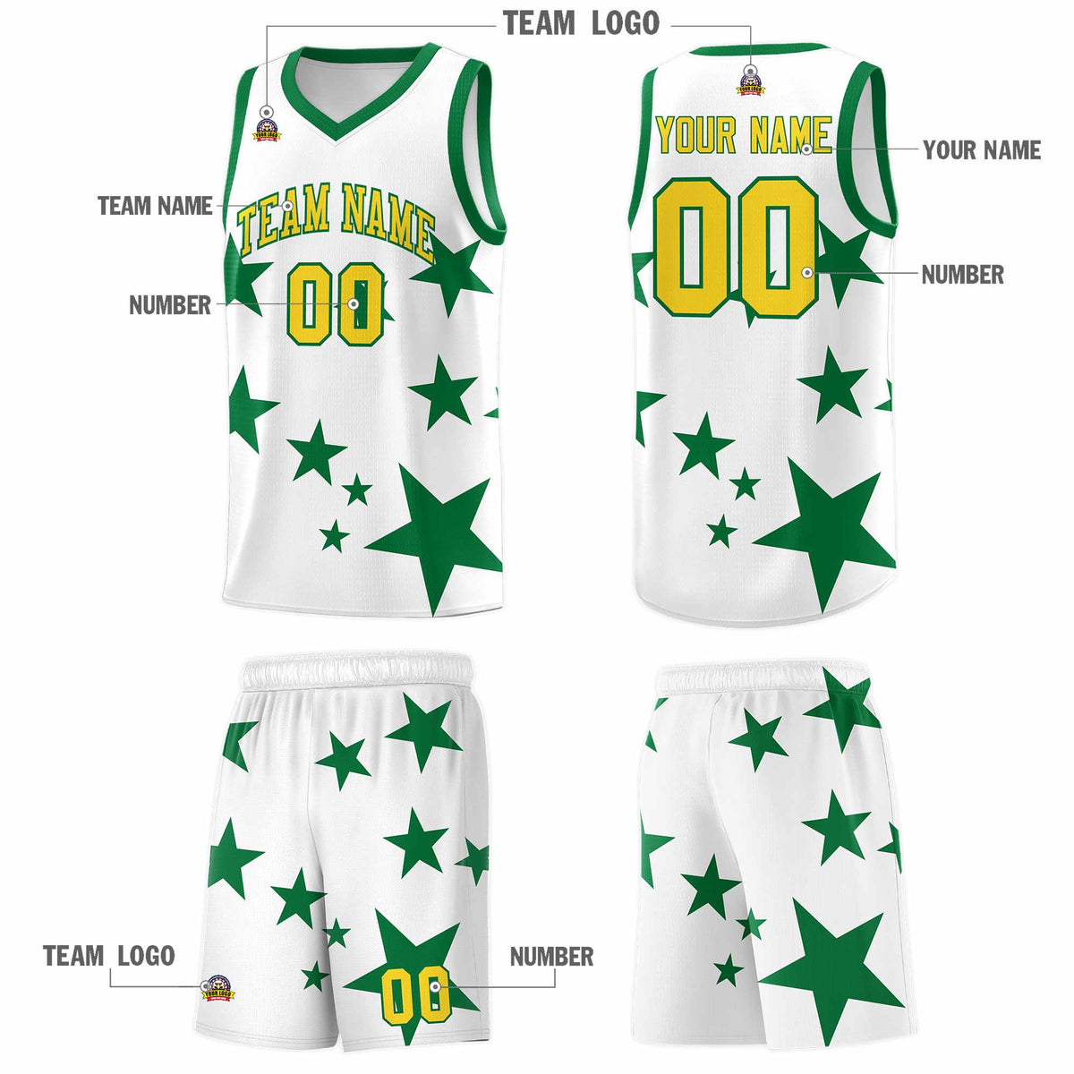 Custom White Kelly Green Graffiti Pattern Star Print Basketball Jersey Kits|KXKSHOP