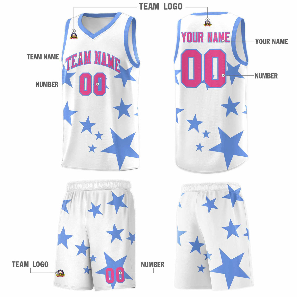 Custom White Light Blue Graffiti Pattern Star Print Basketball Jersey Kits|KXKSHOP