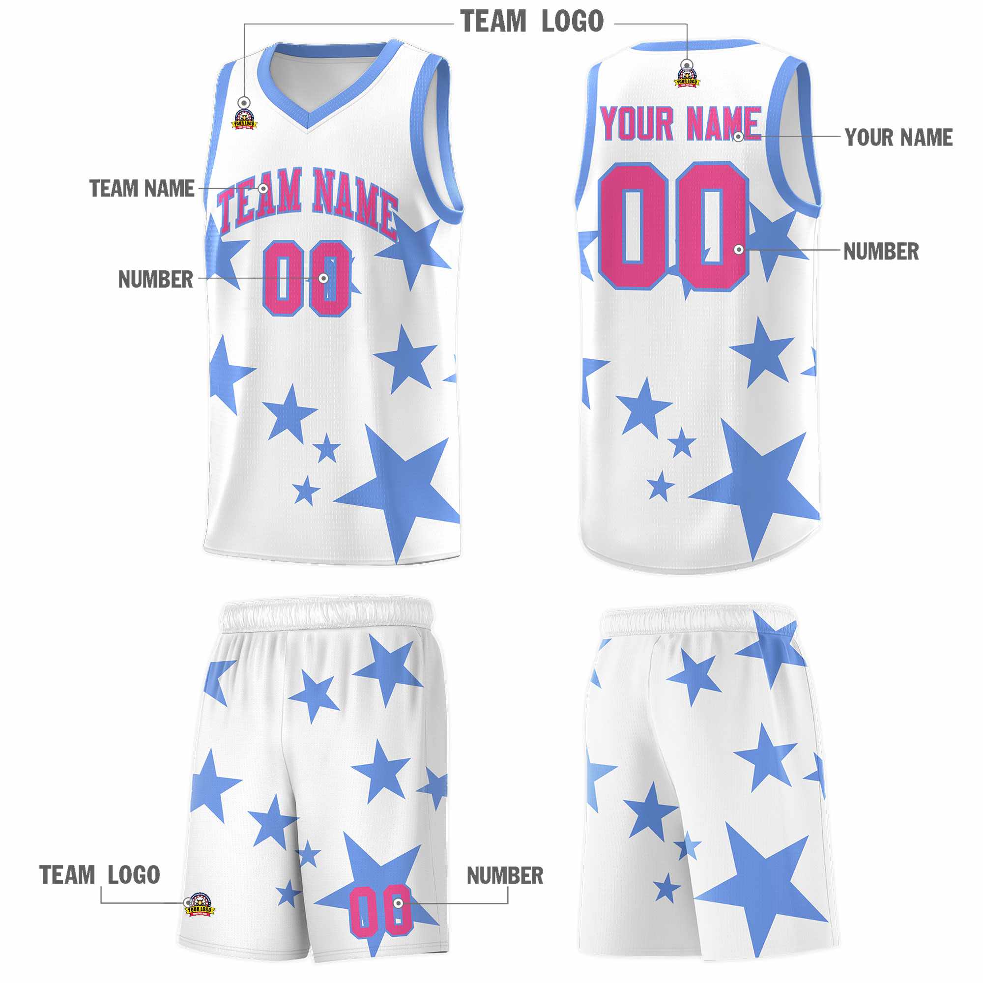 Custom White Light Blue Graffiti Pattern Star Print Basketball Jersey Kits|KXKSHOP
