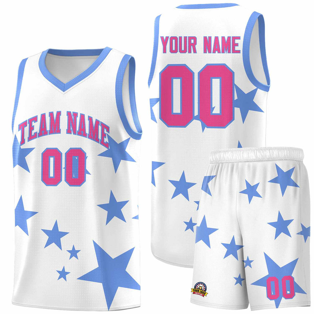 Custom White Light Blue Graffiti Pattern Star Print Basketball Jersey Kits|KXKSHOP