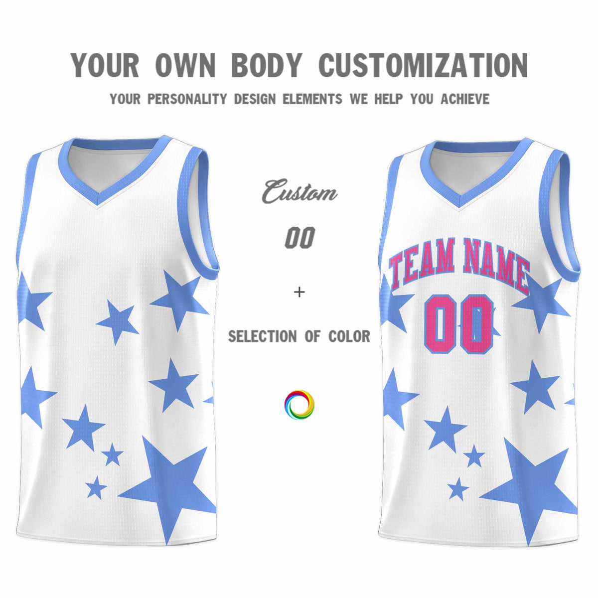 Custom White Light Blue Graffiti Pattern Star Print Basketball Jersey Kits|KXKSHOP