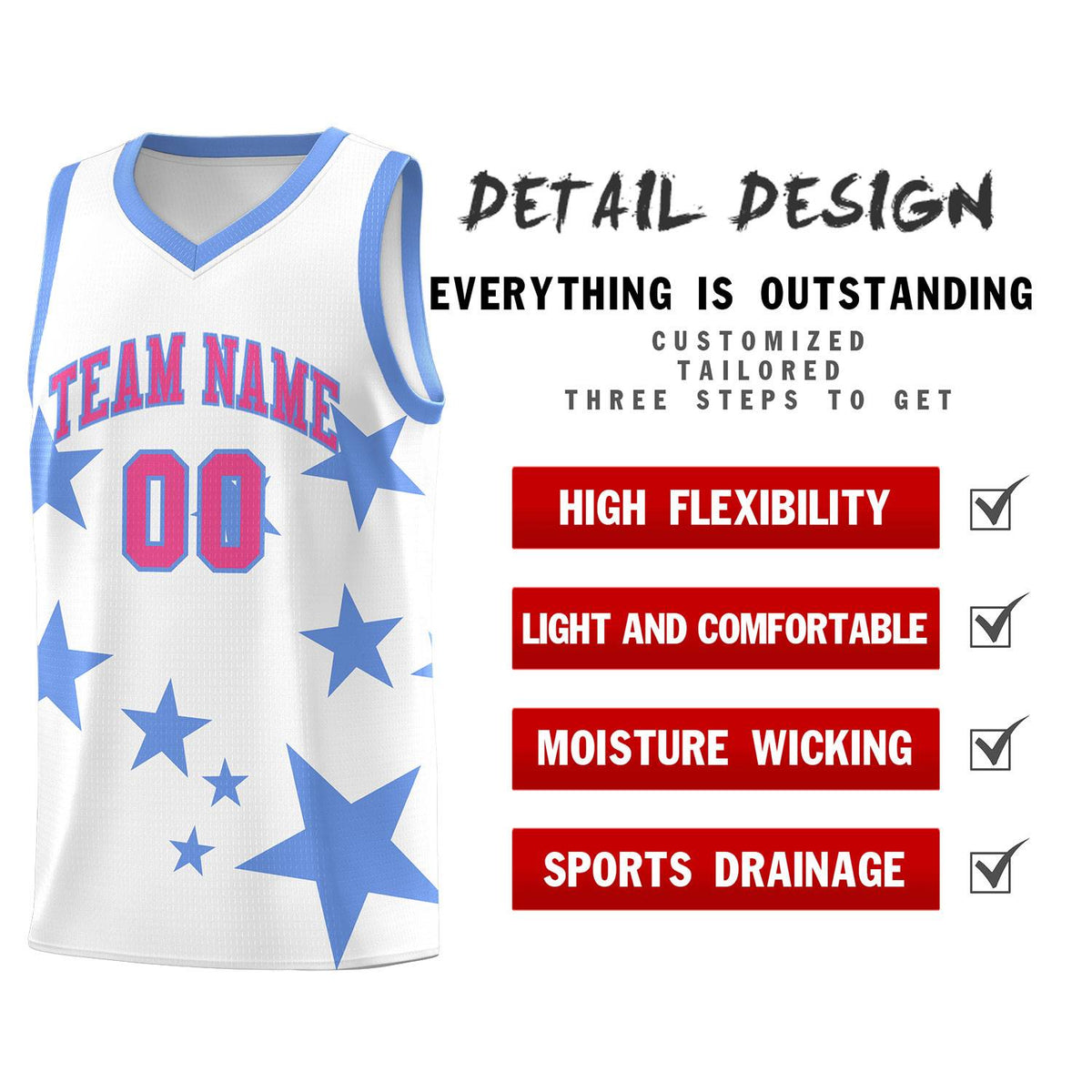 Custom White Light Blue Graffiti Pattern Star Print Basketball Jersey Kits|KXKSHOP
