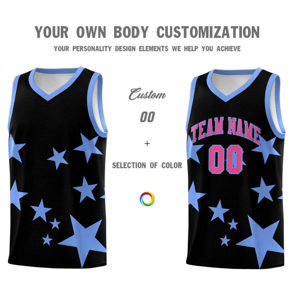 Custom Black Light Blue Graffiti Pattern Star Print Basketball Jersey Kits|KXKSHOP