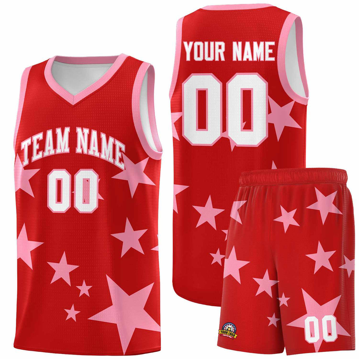 Custom Red Light Pink Graffiti Pattern Star Print Basketball Jersey Kits|KXKSHOP