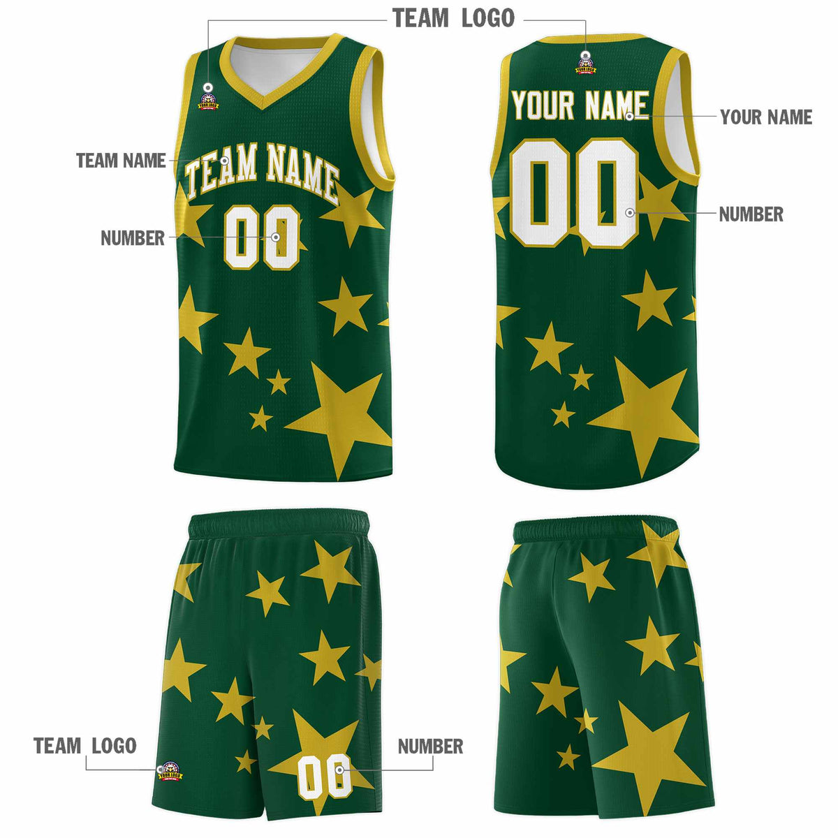 Custom Green Old Gold Graffiti Pattern Star Print Basketball Jersey Kits|KXKSHOP