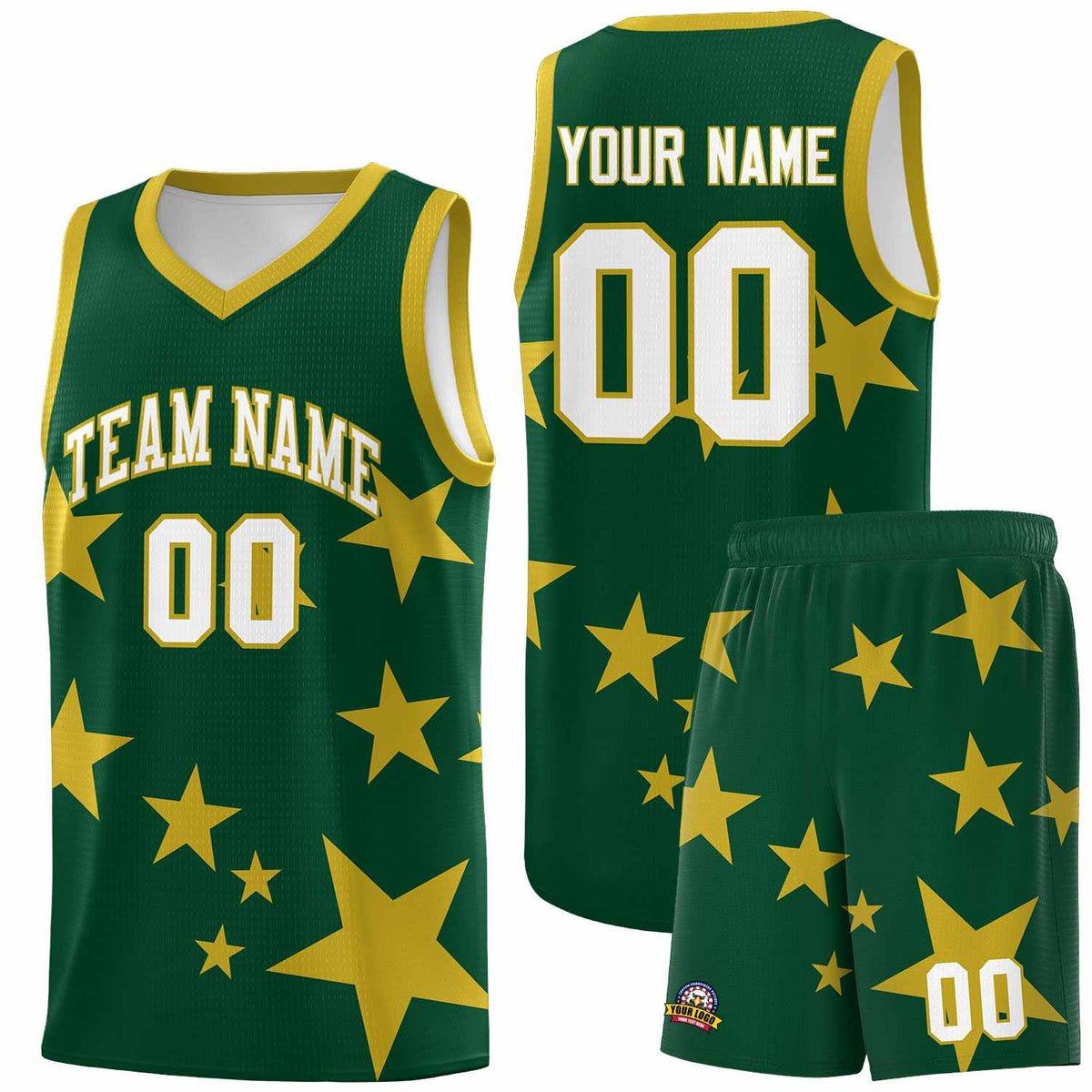 Custom Green Old Gold Graffiti Pattern Star Print Basketball Jersey Kits|KXKSHOP