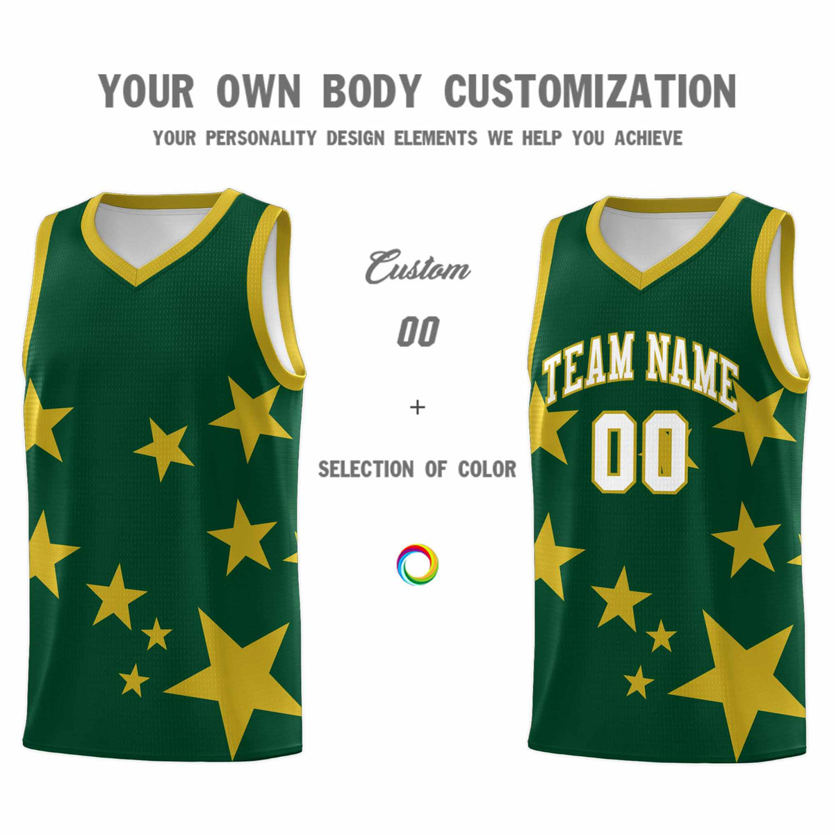 Custom Green Old Gold Graffiti Pattern Star Print Basketball Jersey Kits|KXKSHOP