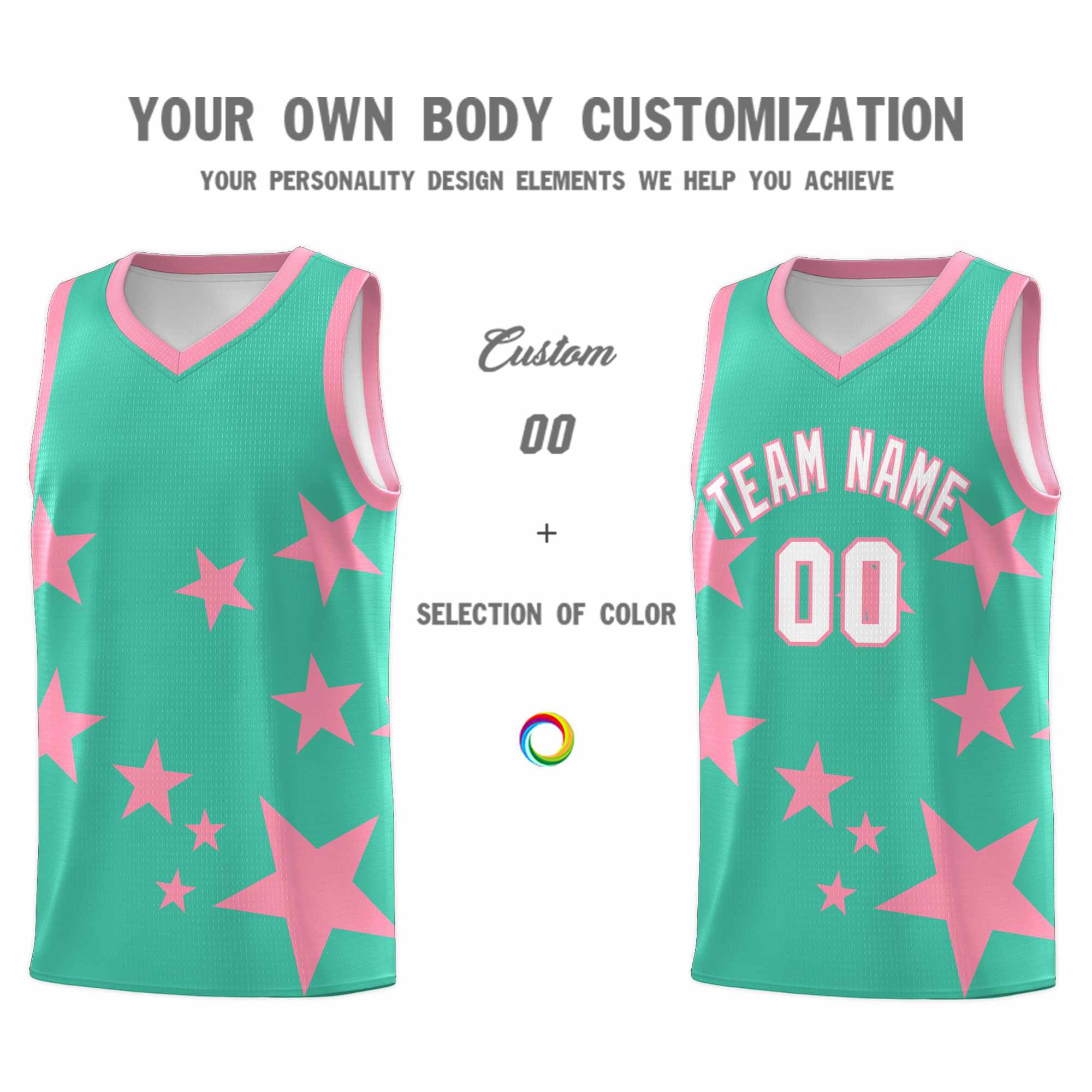 Custom Bright Green Light Pink Graffiti Pattern Star Print Basketball Jersey Kits|KXKSHOP