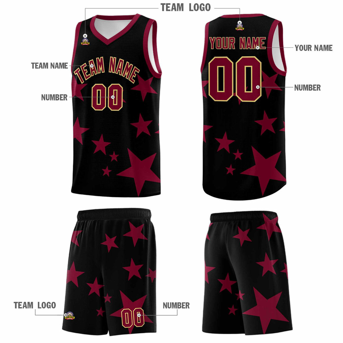 Custom Black Crimson Graffiti Pattern Star Print Basketball Jersey Kits|KXKSHOP